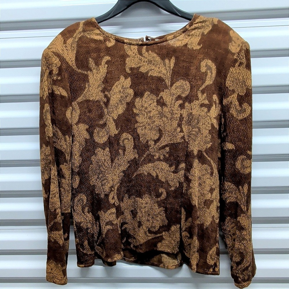 Vintage Carlisle Silk Wool Blend Floral Damask Top Women 12 Brown Long Sleeve